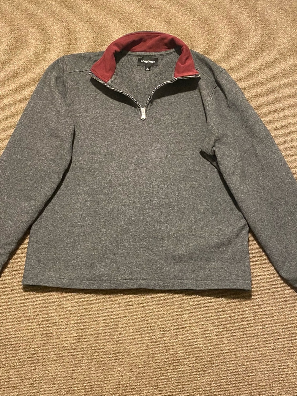 Bonobos Men's Gray Quarter-Zip Sweater with Maroon Inner Collar